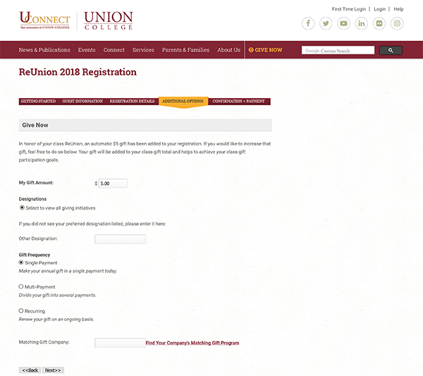 Screenshot of the main Union College ReUnion 2018 registration page