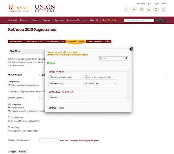 Screenshot of the Union College ReUnion 2018 registration page with optional donation routing overlay