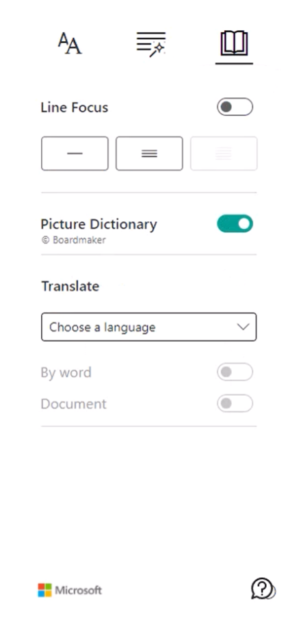 Screenshot of the translation settings in Anthology Ally and Microsoft Immersive Reader