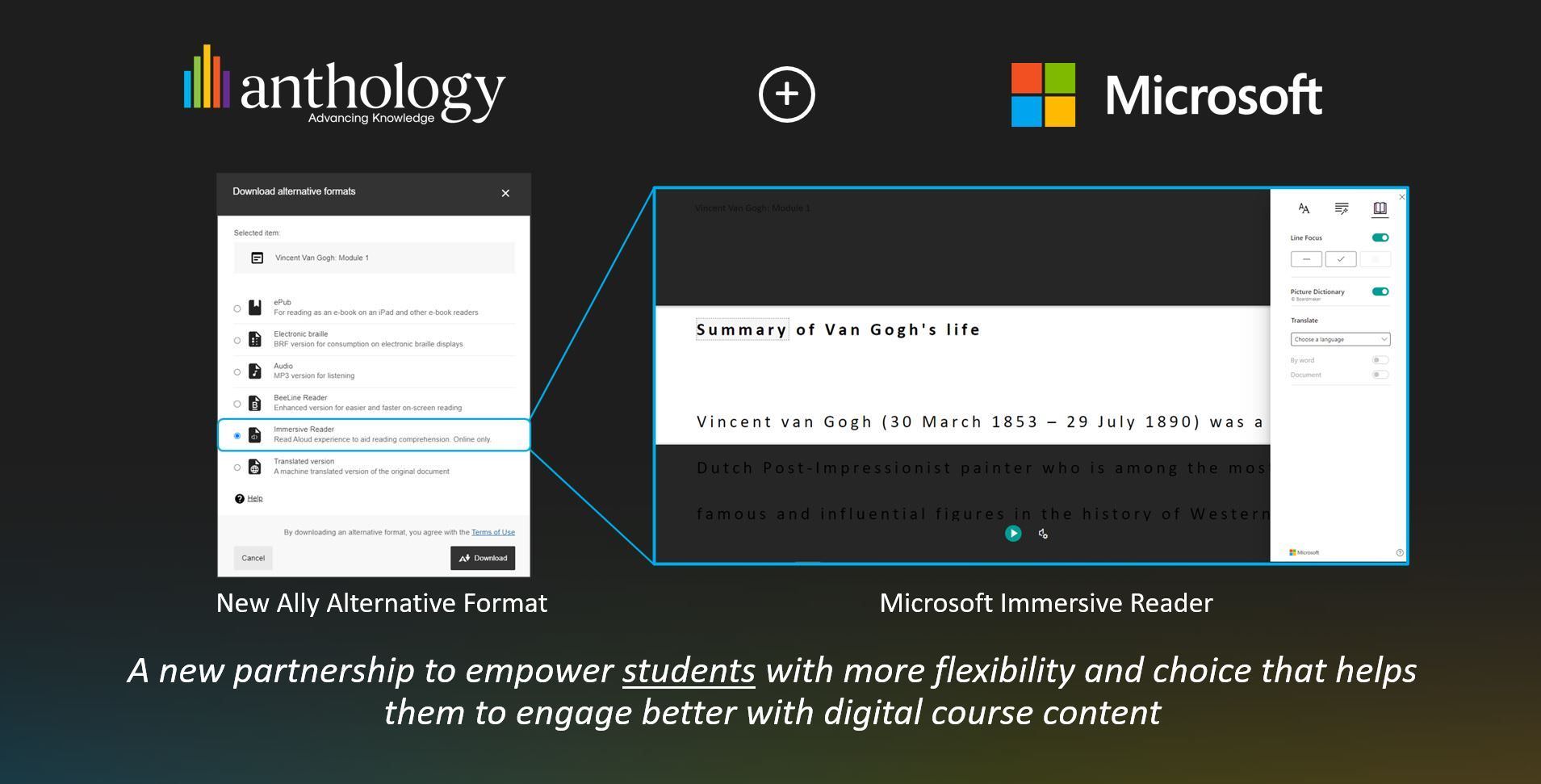 Screenshot showing Microsoft Immersive Reader being used within Anthology Ally