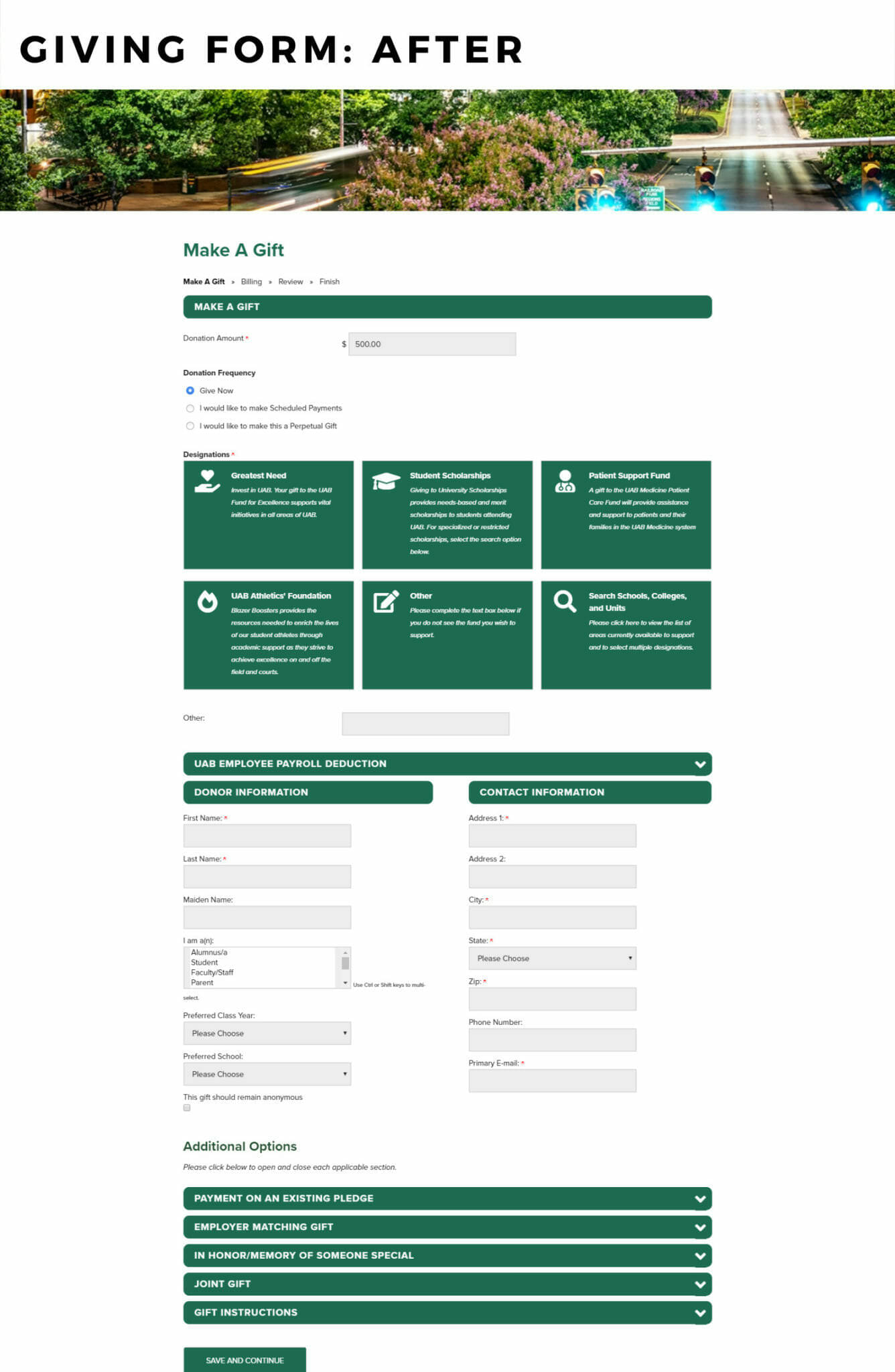 Screenshot of what the UAB Alumni website giving form looked like after implementation