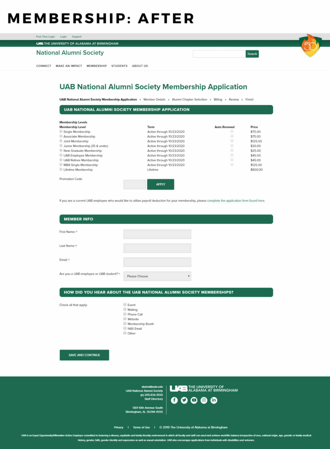 Screenshot of what the UAB Alumni website membership form looked like after implementation