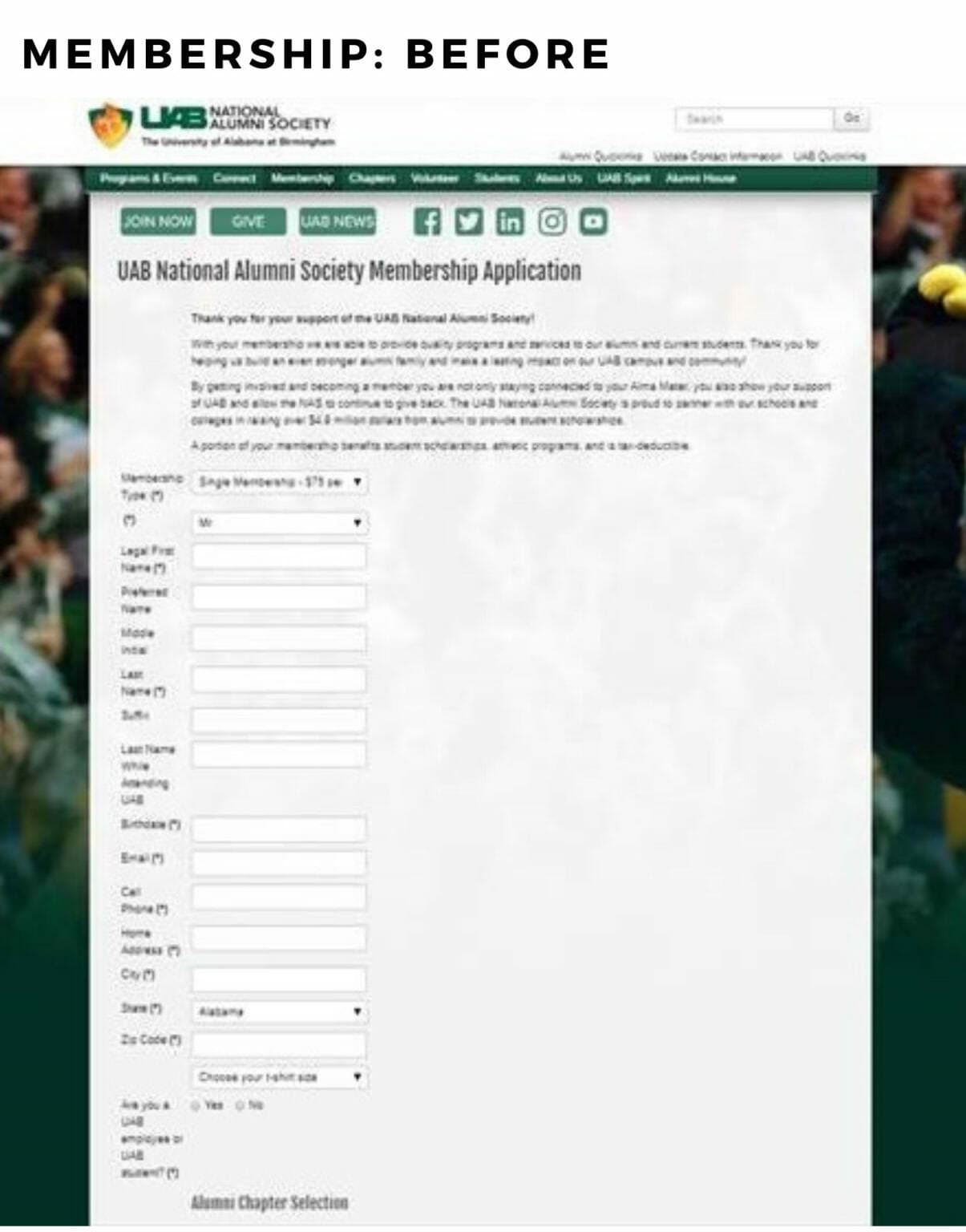 Screenshot of what the UAB Alumni website membership form looked like before implementation