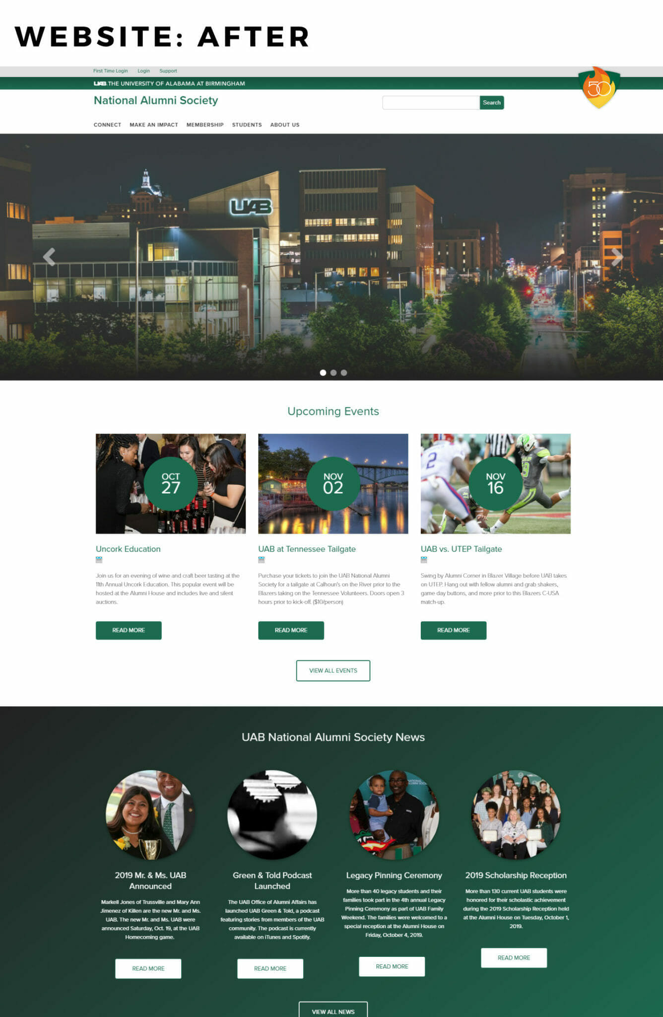 Screenshot of what the UAB Alumni website looked like after implementation
