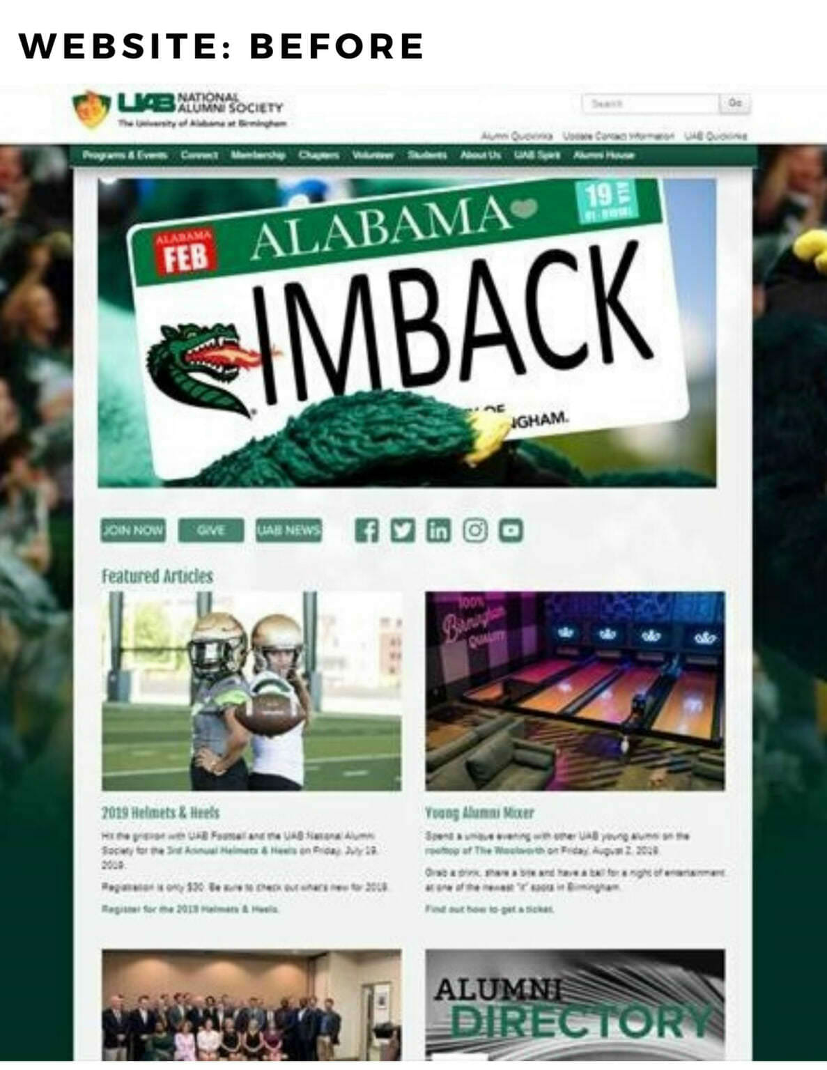 Screenshot of what the UAB Alumni website looked like before implementation