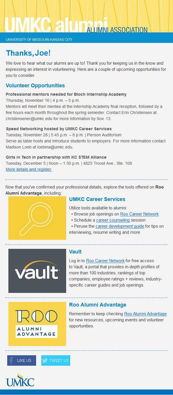 Screenshot of the new UMKC alumni email