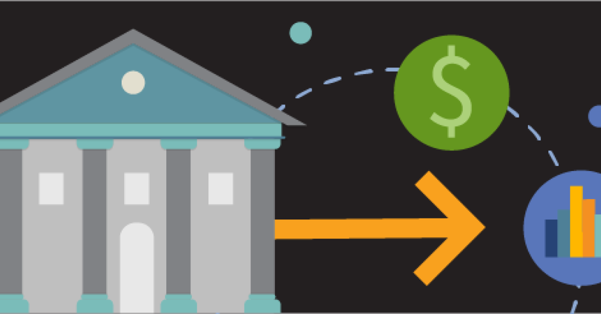 Building with arrow pointing to data chart and money sign