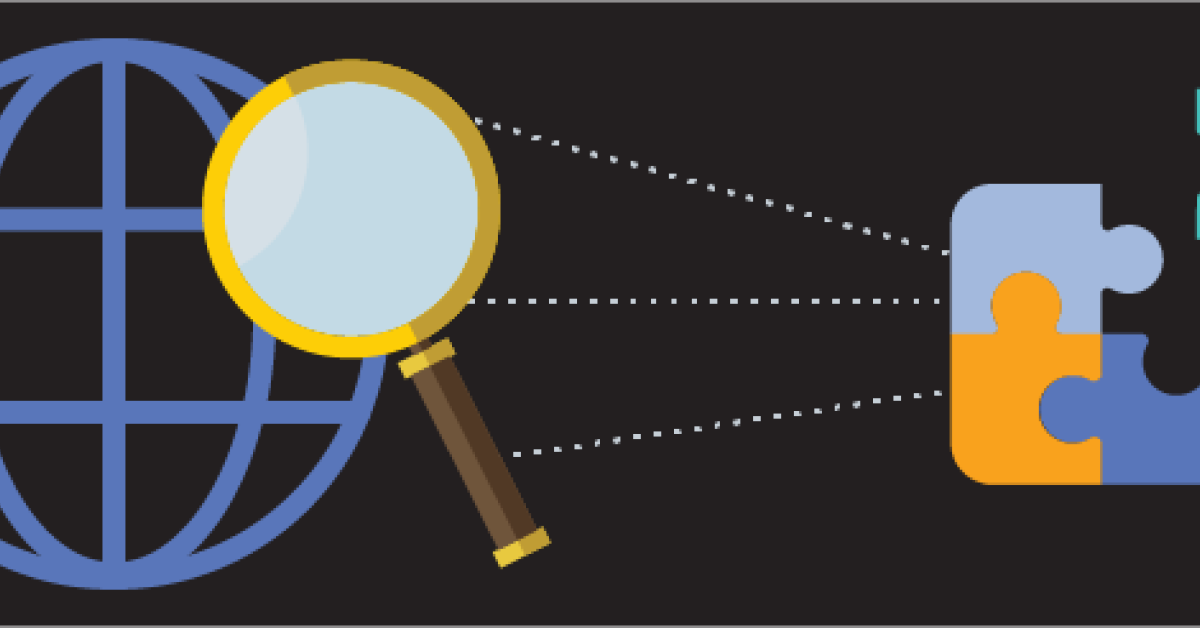 Globe with magnifying glass and puzzle pieces.