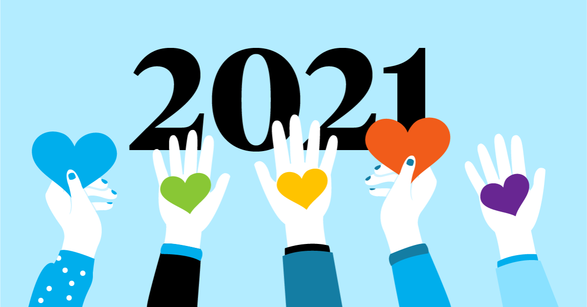Illustration of hands holding hearts and the numbers 2021