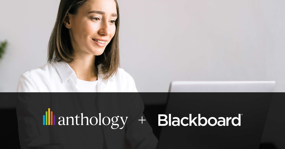 Photo of a woman at a laptop with the Anthology + Blackboard logos overlayed