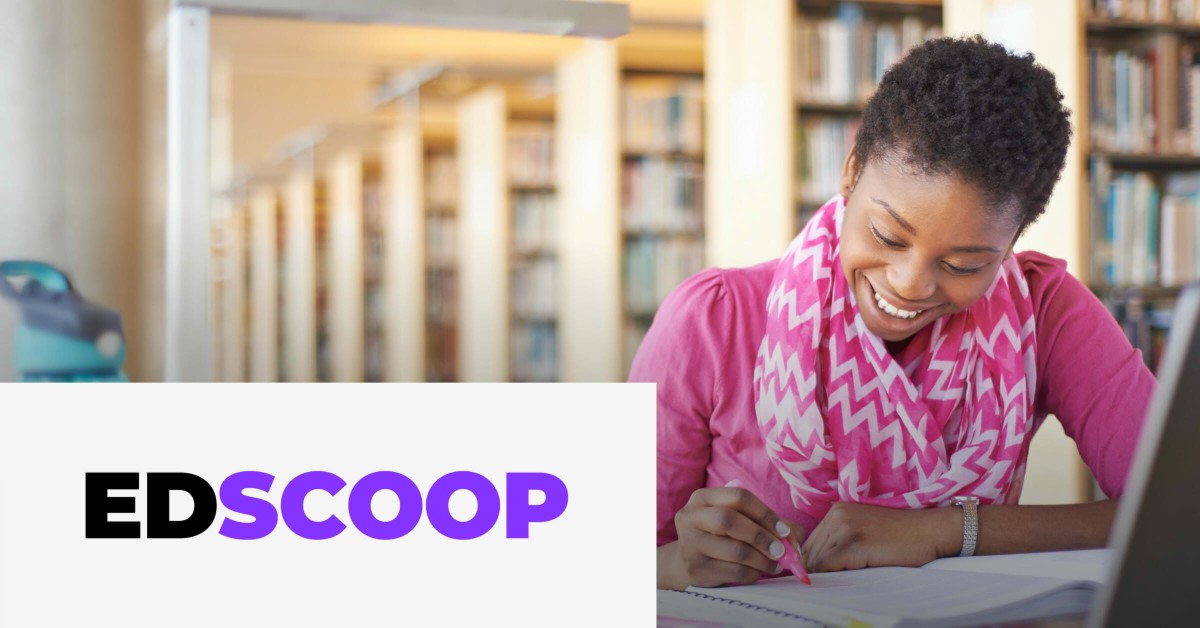 Photo of a woman studying in a library with the EdScoop logo overlayed