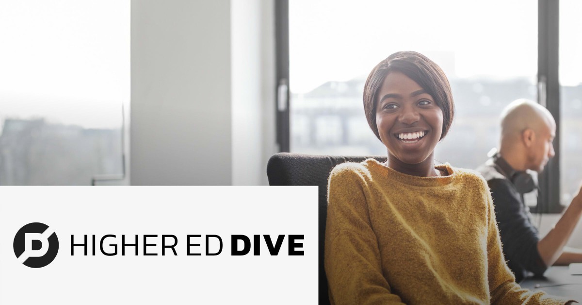 Photo of two people collaborating with the Higher Ed Dive logo overlayed