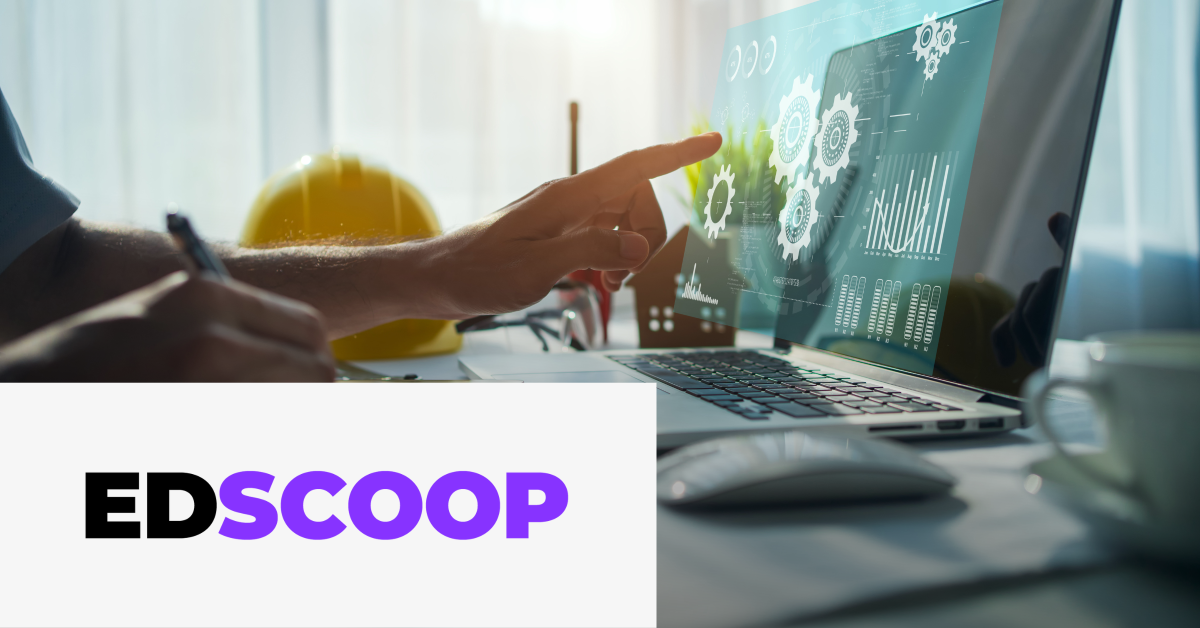 Photo of a person working at a computer with the EdScoop logo overlayed