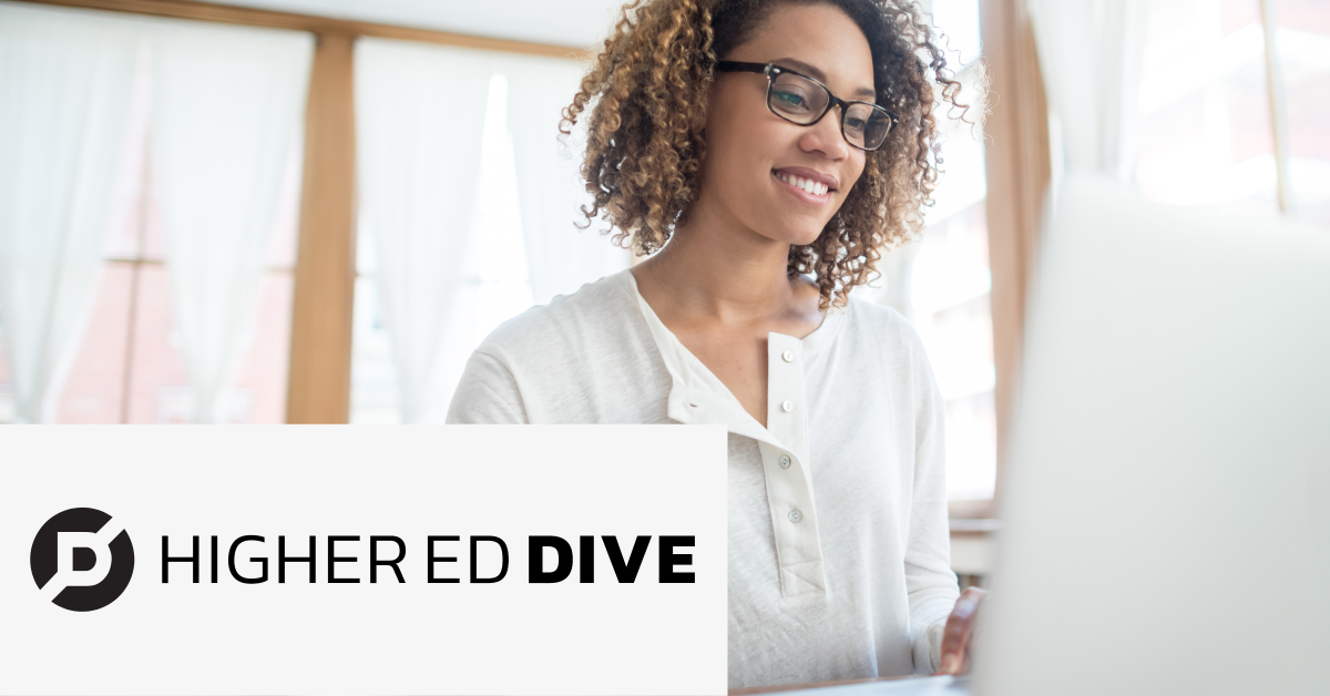 Photo of a woman working at her computer with the Higher Ed Dive logo overlayed