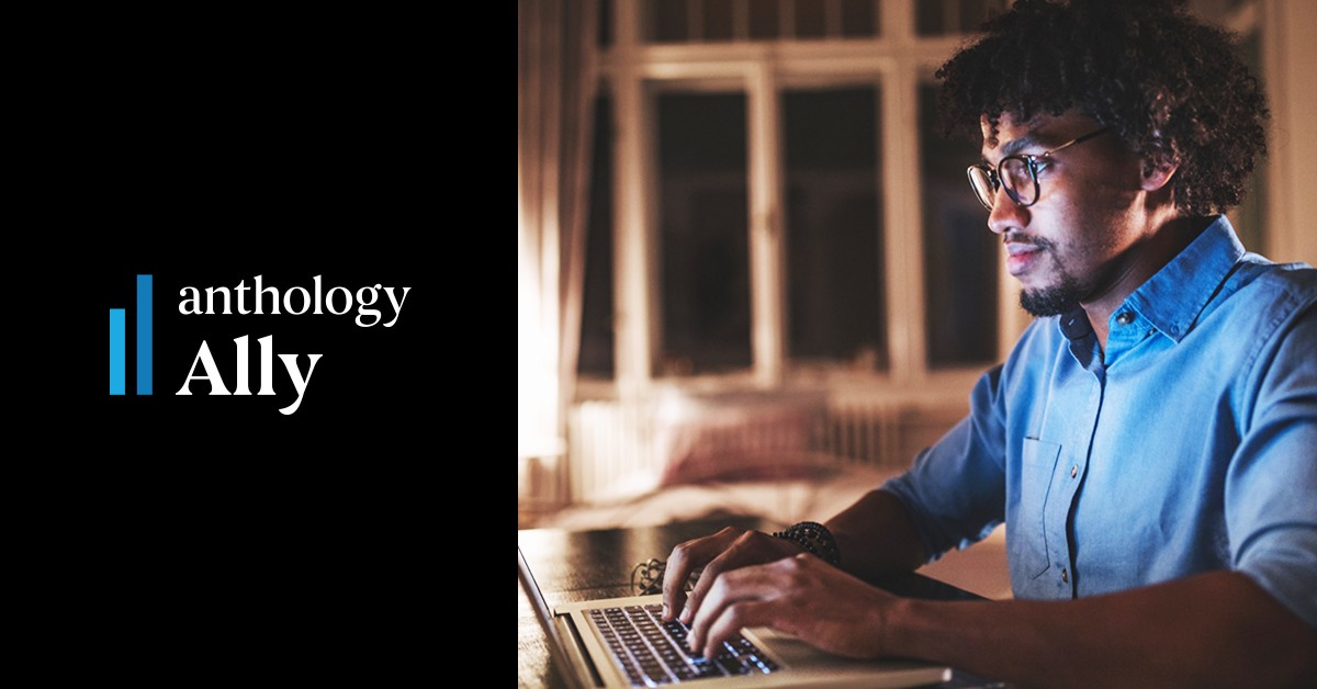 Anthology Ally logo next to a photo of a man working at a laptop