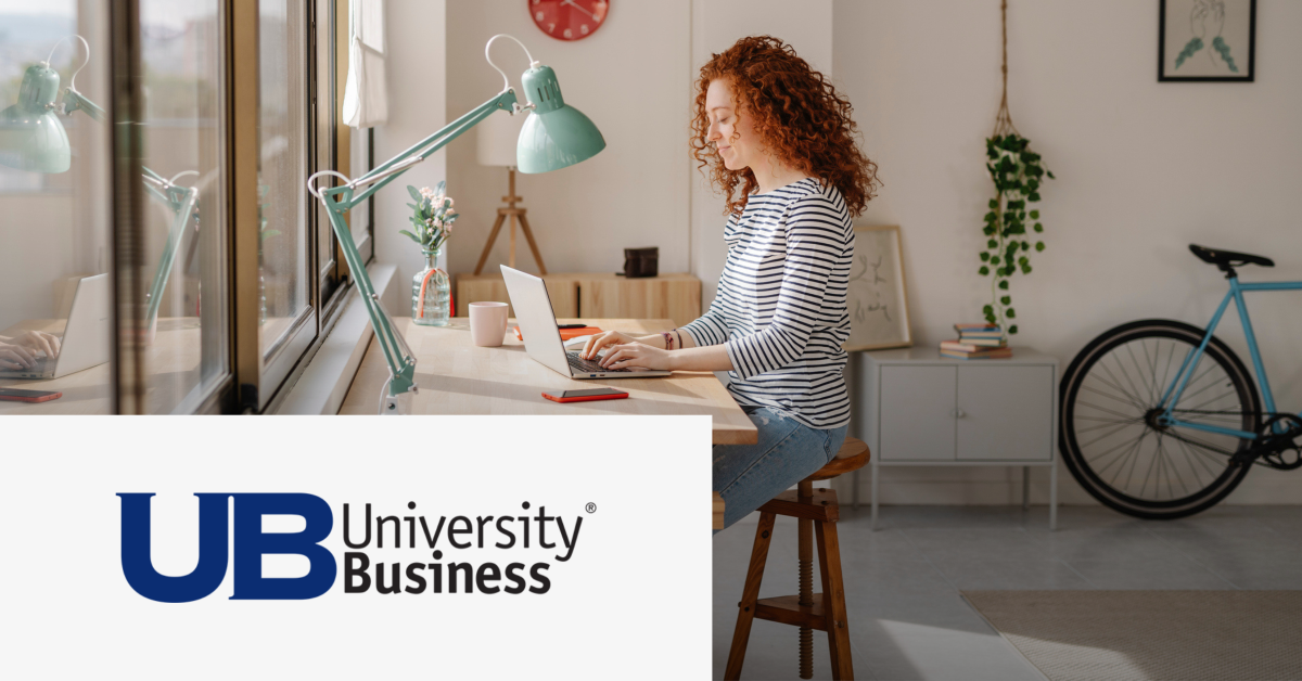 Image of a young woman working with her computer. On the lower left corner is placed the University Business logo on a white rectangle. 