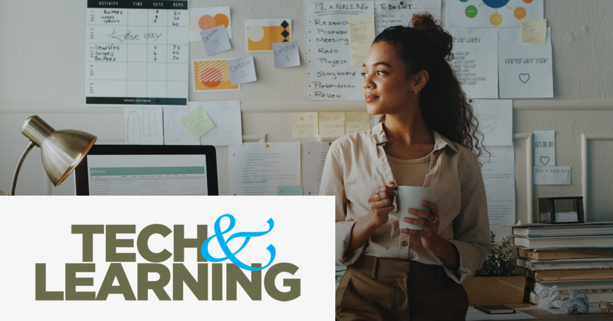 Image of a woman leaning on a desk while having a drink in a cup. On the lower left corner of this graphic is placed the Tech & Learning logo. 
