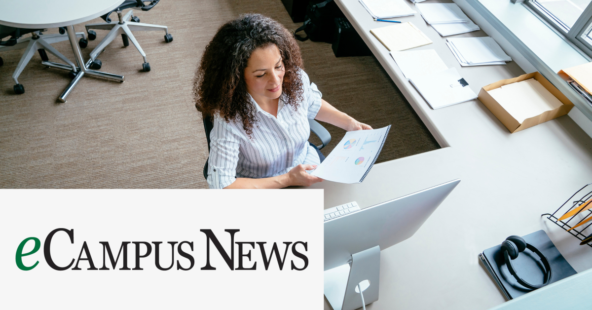 Picture of a woman using a desk computer. On the lower left corner of the graphic is the eCampus News