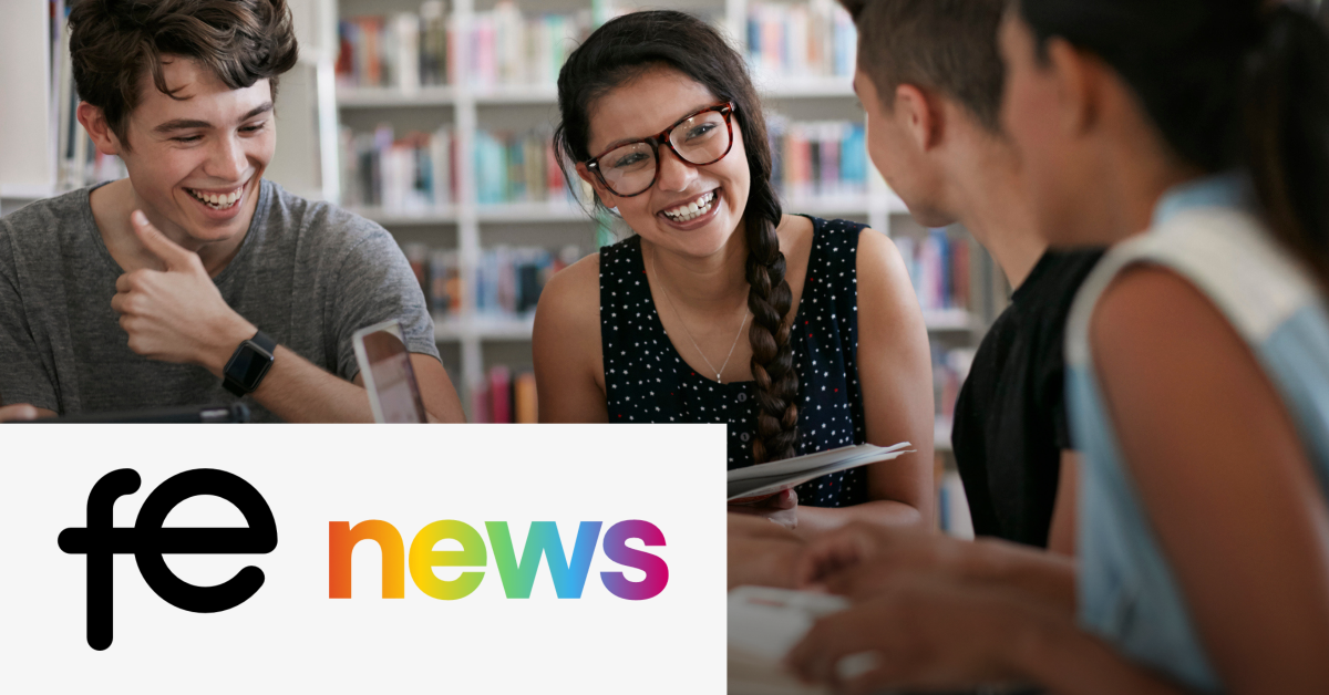 Image of a group of students smiling while they use notebooks and electronic devices. On the lower left corner is the fe news logo. 