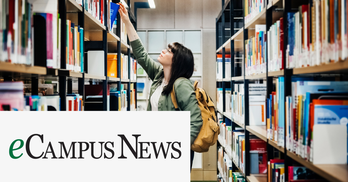 Image of a student trying to reach a book in a school library with the eCampus News logo placed on the left lower corner. 
