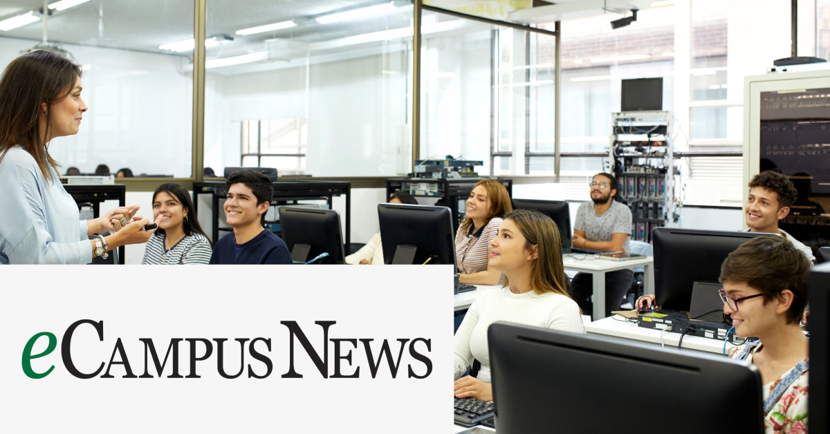 Image of group of students and a teacher in a classroom with desktop computers.  The eCampus News logo is placed on the left lower corner. 