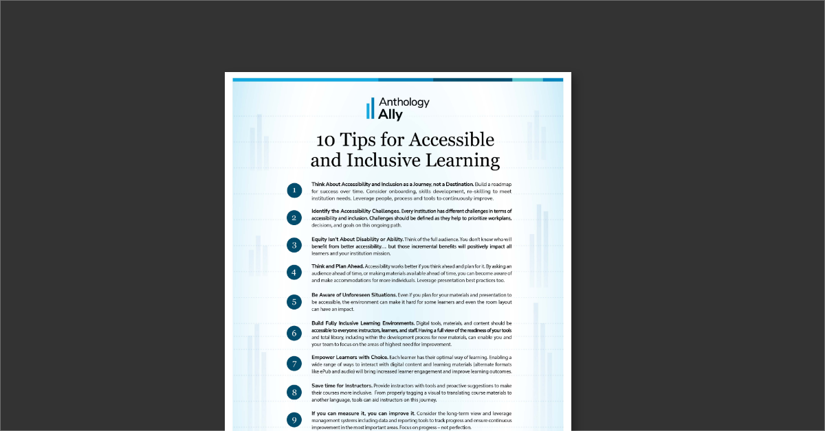 Preview of the 10 Tips for Accessible and Inclusive Learning data sheet over a gray background