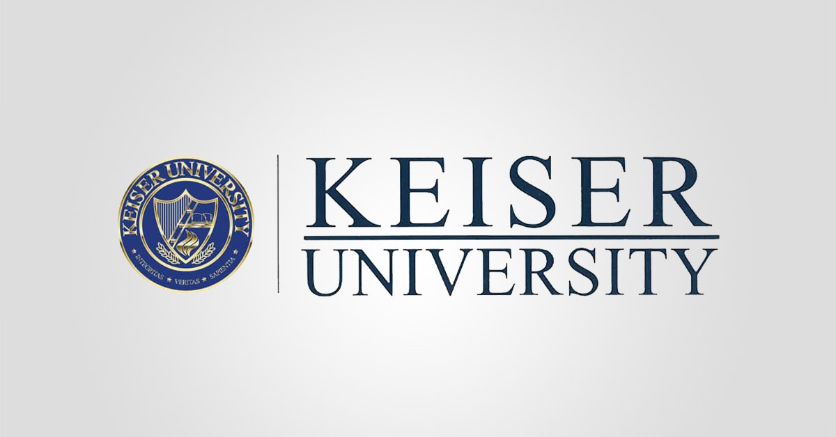 Keiser University logo over a gray background