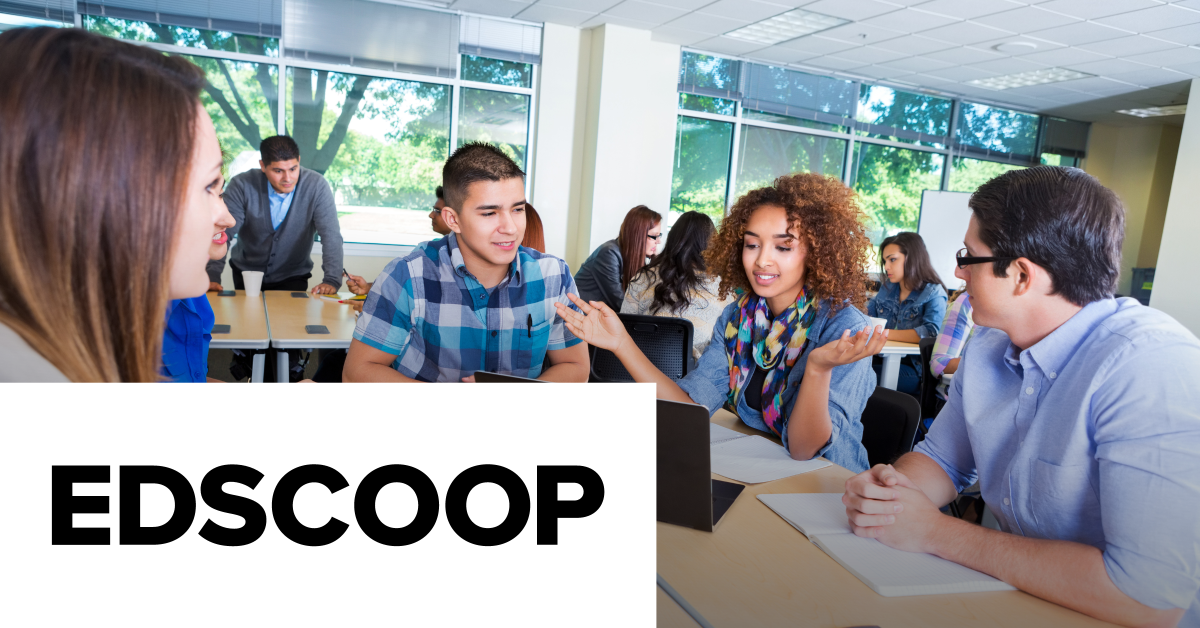 Image of a group of students talking while using a laptop. On the lower left corner of the graphic is placed the EDSCOOP logo. 
