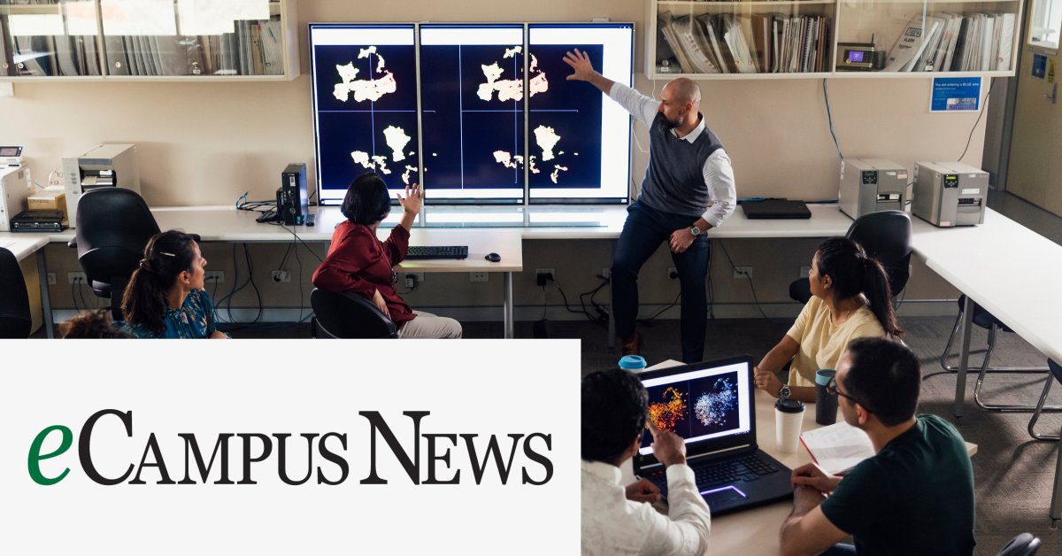 Image with the eCampus News logo on the lower left corner and a picture of a teacher showing some graphics to his students.