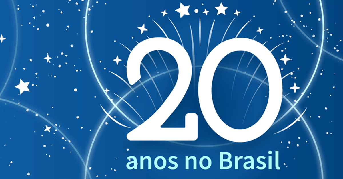 Illustration of stars and circles with the text 20 anos no Brasil