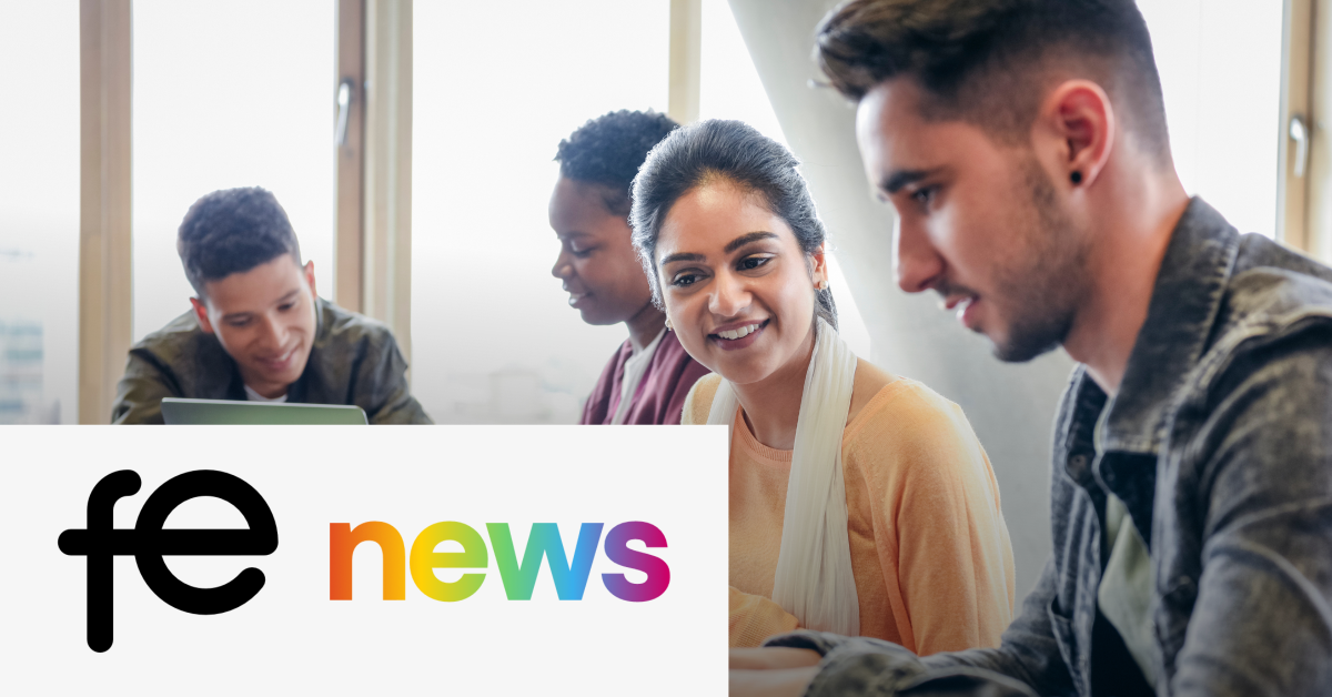 Image with the E News logo placed on the lower left corner and a picture of two students working together as the background
