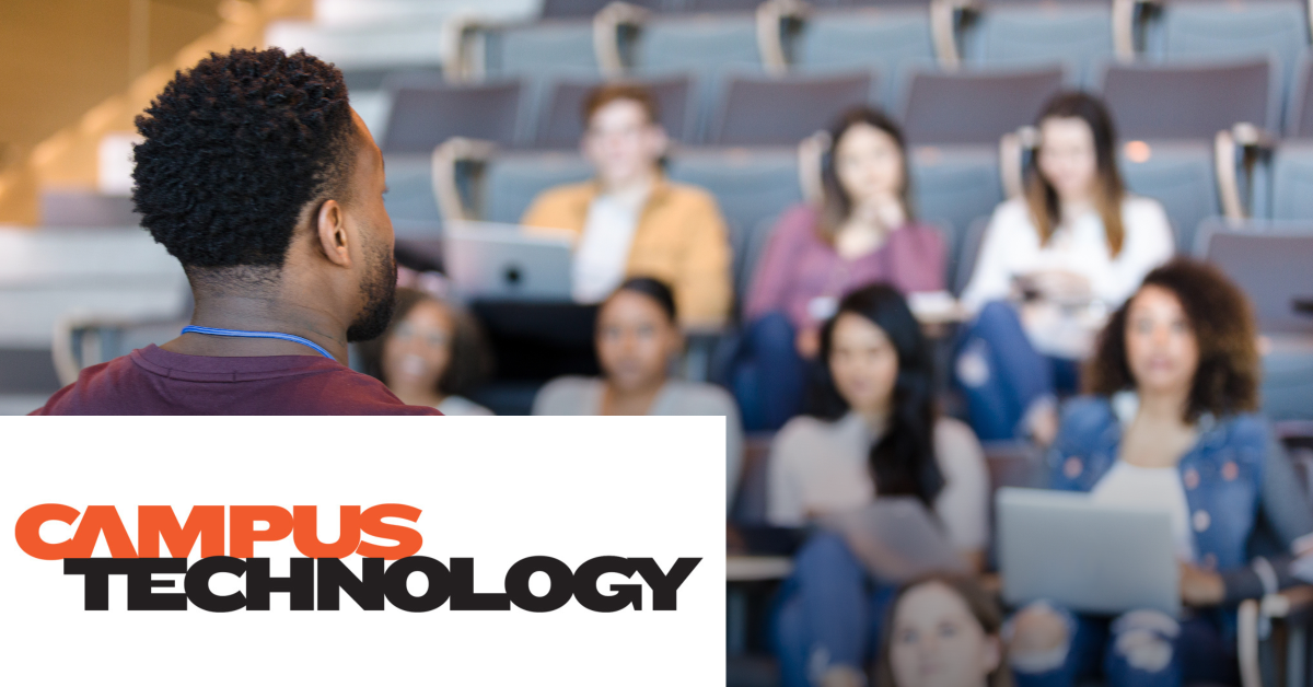 Image of a teacher talking to his students in a classroom. On the lower left corner of the graphic is placed the Campus Technology logo. 