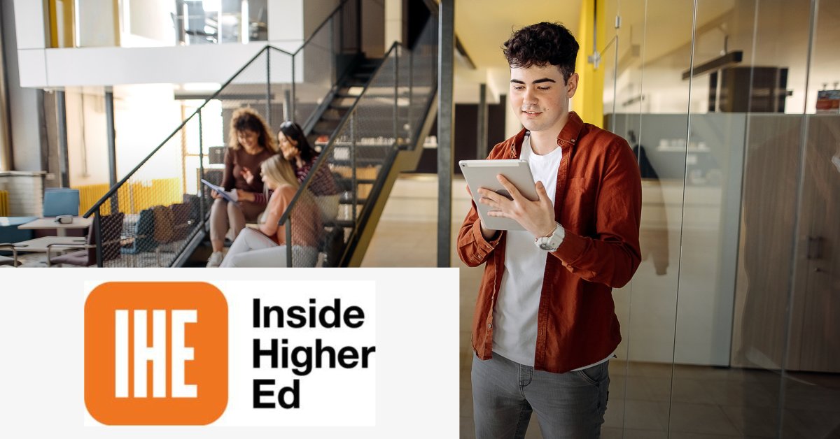 Image of a student checking a mobile device in a school building. On the lower left corner of the graphic is placed the Inside Higher Education logo. 