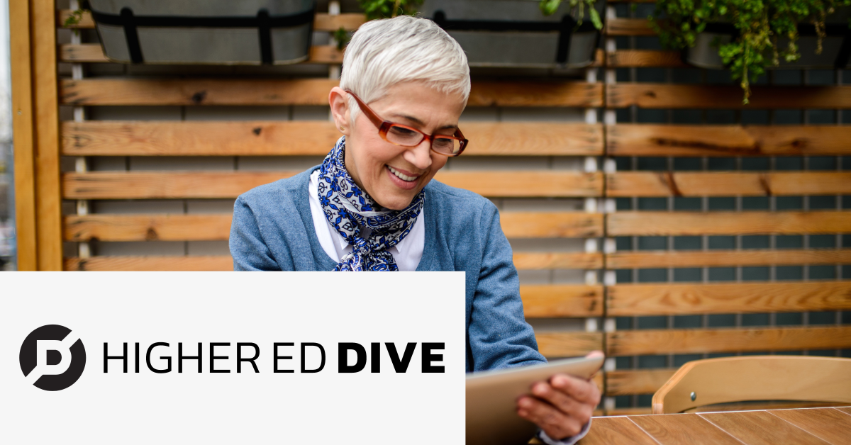 Image of a woman checking an electronic tablet while smiling. On the lower lleft corner of the graphic is placed the Higher ED Dive logo. 