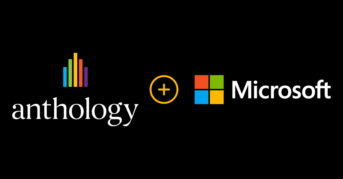 Imagen con fondo negro que tiene los logos de Anthology + Microsoft en el medio. 