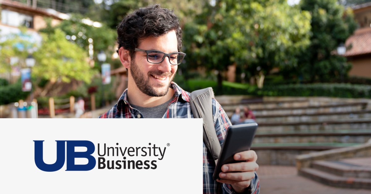 Image of a man holding a mobile phone. On the lower left corner of the graphic is placed the University Business logo. 