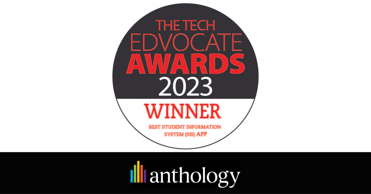 White background image with the The Tech Edvocate Awards 2023 winner logo in the middle. At the bottom of the image is placed the Anthology logo. 