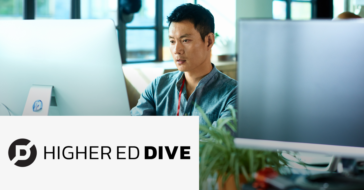 Image of a man using a desktop computer. On the lower left corner is placed the Higher ED Dive logo.