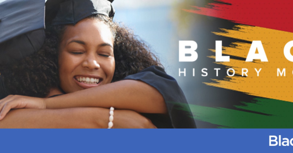 Two black graduates hugging with the text Black History Month overlayed on the image