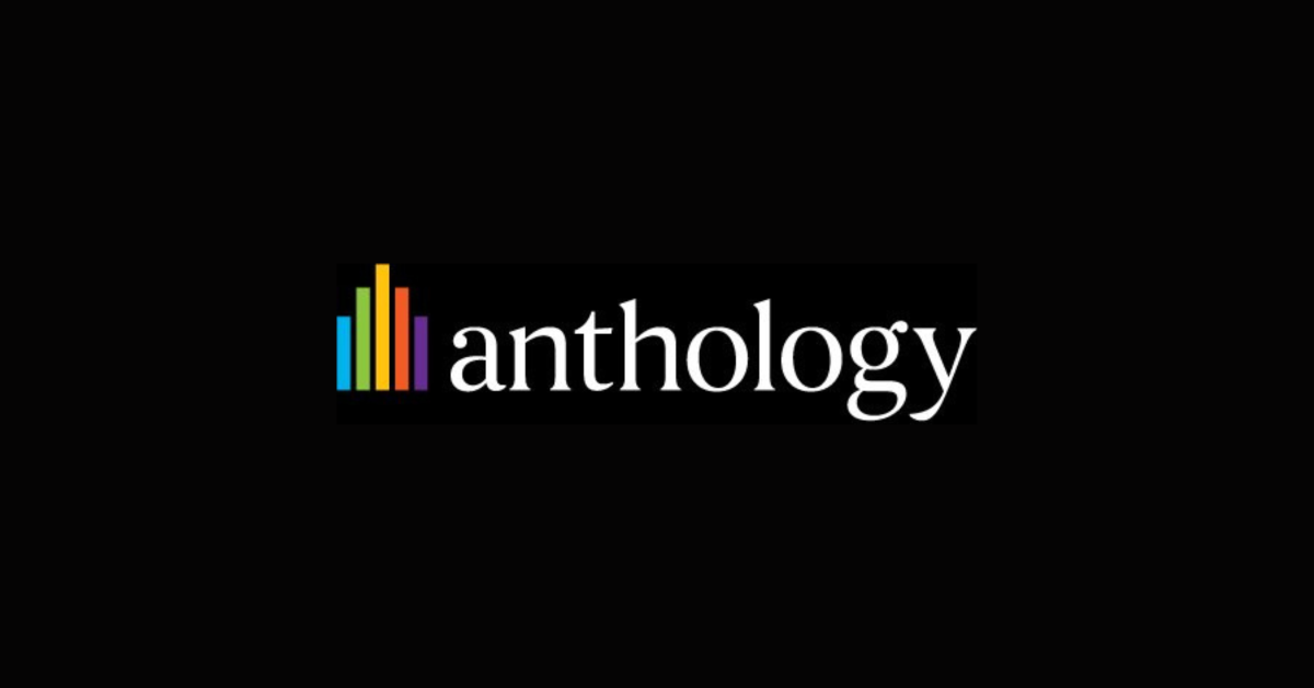 Anthology white logo on black background. 