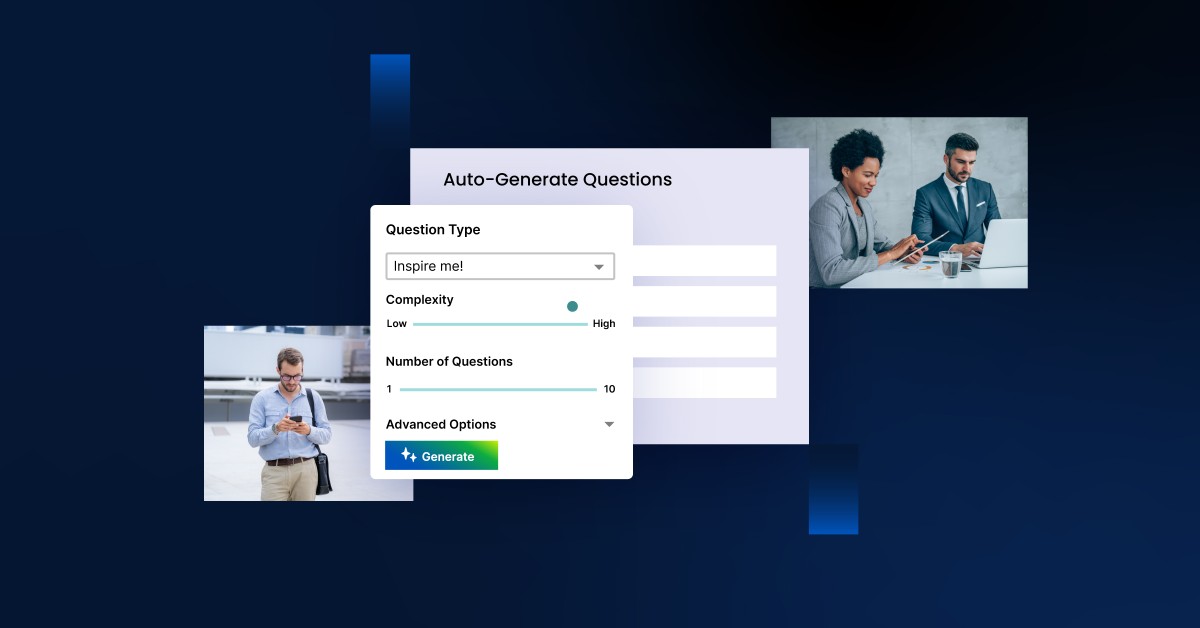 Composite of three images over a blue background, the bottom left image is of a person looking at their phone, the top right image is of two people working together at a laptop, and the focal image is a representation of the AI Design Assistant in Blackboard