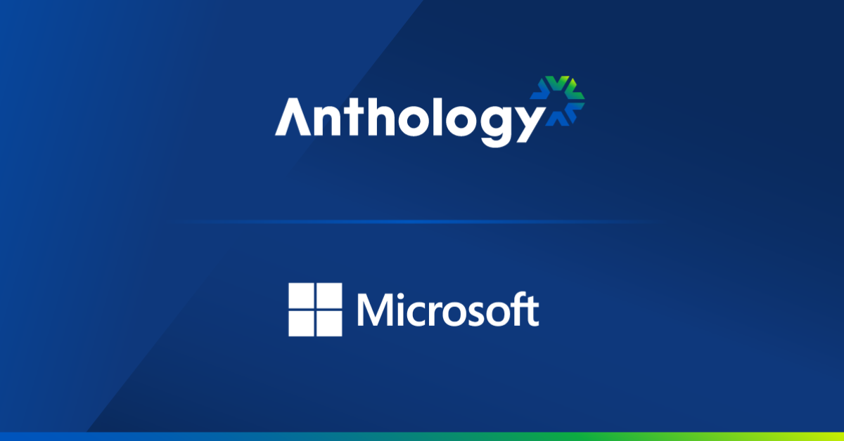 Anthology logo locked with with the Microsoft logo over a blue background