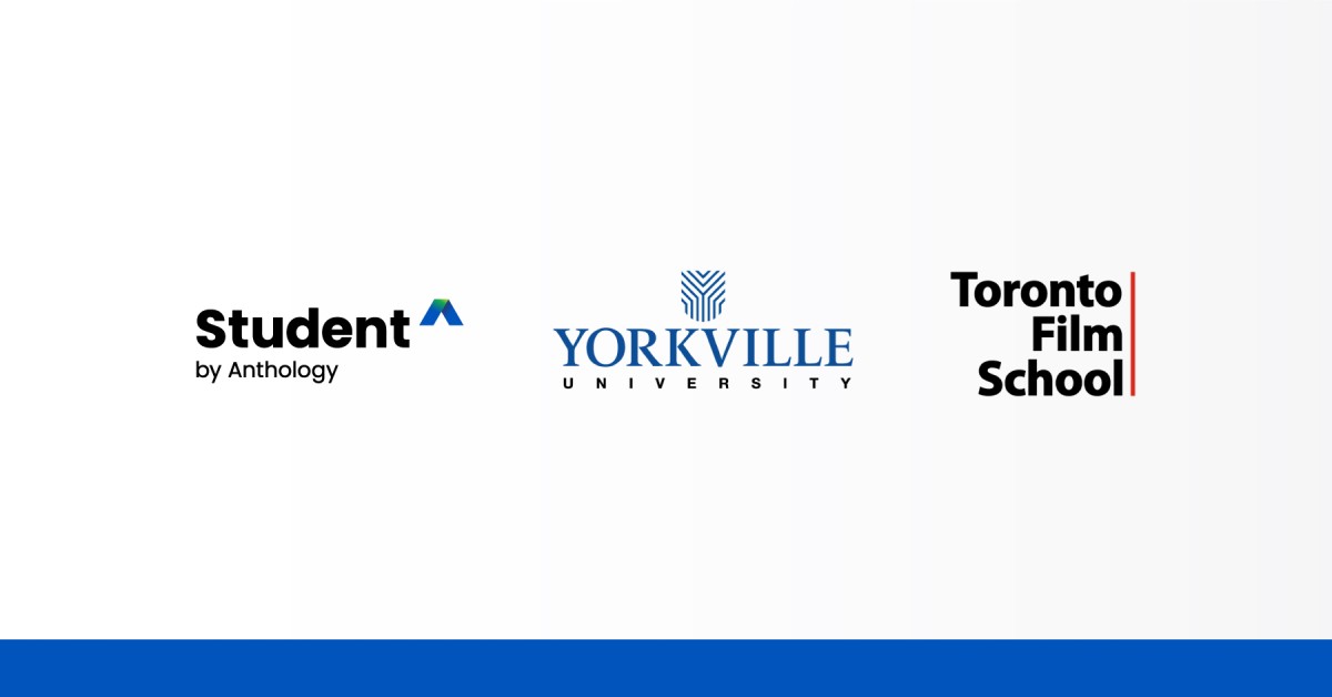 Image of three logos: Student by Anthology, Yorkville University, and Toronto Film School.
