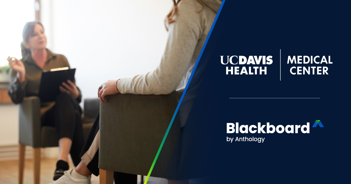 Two people conversing in an office setting with UC Davis Health and Blackboard logos.  Transcribed Text:  UC DAVIS HEALTH | MEDICAL CENTER Blackboard by Anthology