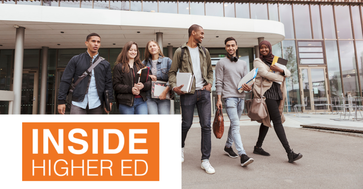 Group of students walk together on campus. Inside Higher Ed logo on the left corner.