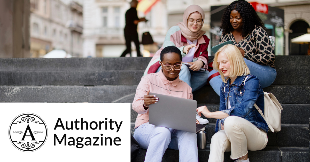 Authority Magazine logo on the left end. Image of students sitting on stairs around a computer.
