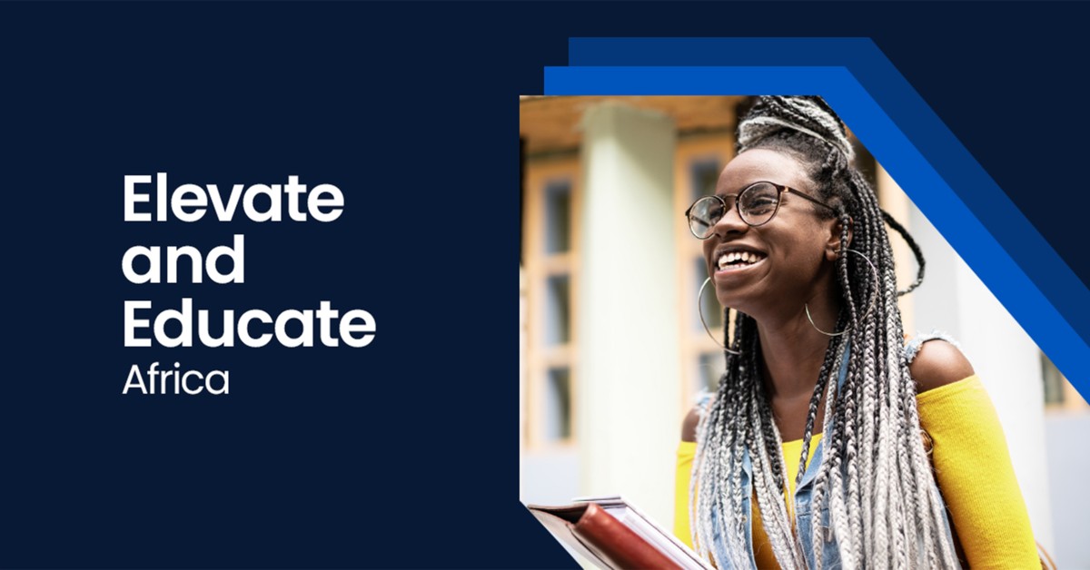 Photo of a woman looking on intently next to the text Elevate and Educate Africa