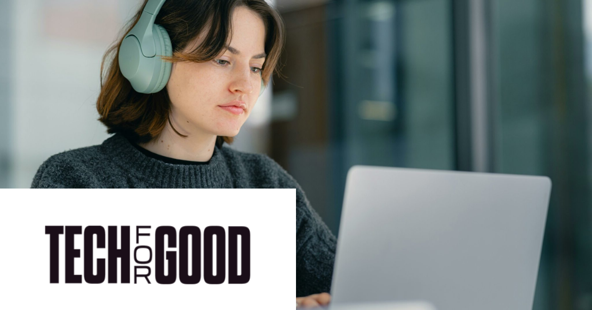 Tech for Good logo on the left. Image of student studying on the right