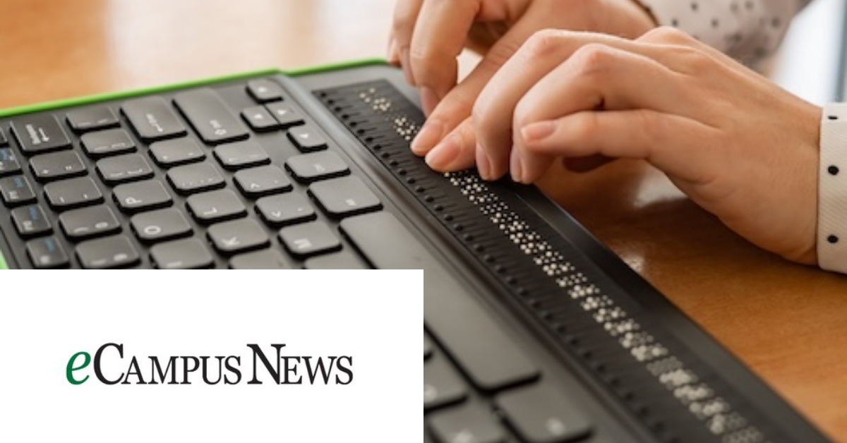 Ecampus logo on the left bottom. Image of person typing on braille keyboard on the right.