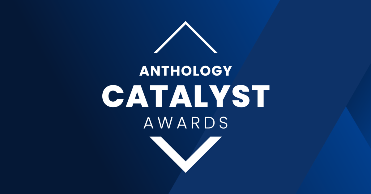 The image features a simple and bold design on a blue gradient background. At the center, there is the text "ANTHOLOGY CATALYST AWARDS" written in white, uppercase letters. 